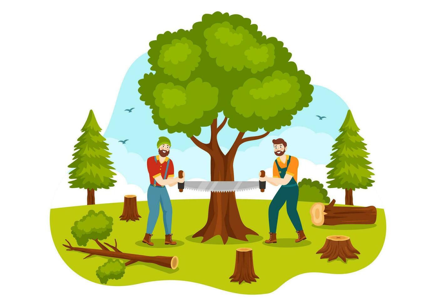 män hackning trä och skärande träd med skogsarbetare arbete Utrustning maskineri eller motorsåg i platt tecknad serie bakgrund mallar vektor illustration