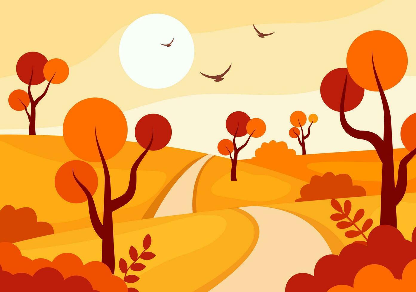 Herbst Landschaft Hintergrund Vektor Illustration mit Berge, Felder, Bäume und fallen Blätter im eben Karikatur natürlich Jahreszeit Panorama Vorlagen