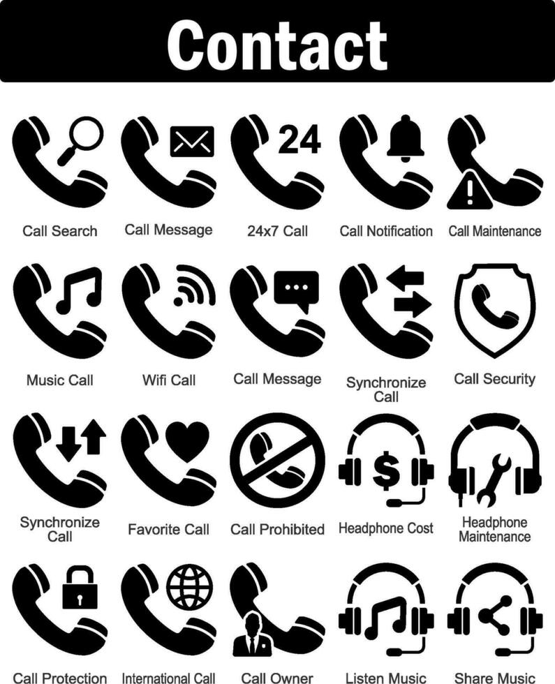 en uppsättning av 20 Kontakt ikoner som ring upp Sök, ring upp meddelande, 24x7 ring upp vektor