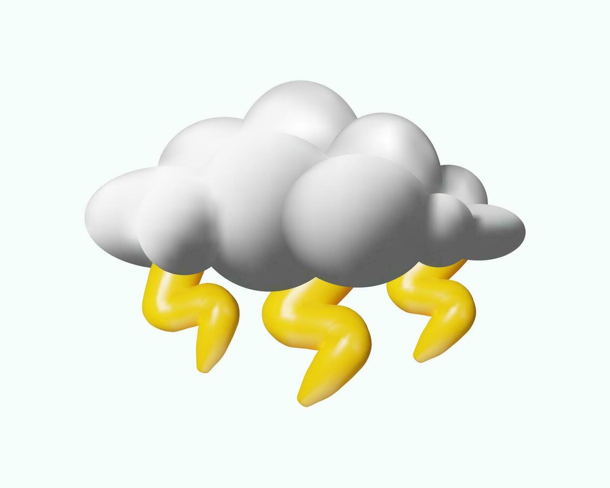 3d Wolke mit Regentropfen und Blitz. Plastik Gewitter zum Wetter Vorhersage. Vektor Illustration im Lehm Stil. Meteorologie regnerisch Jahreszeit Sturm. wolkig Klima