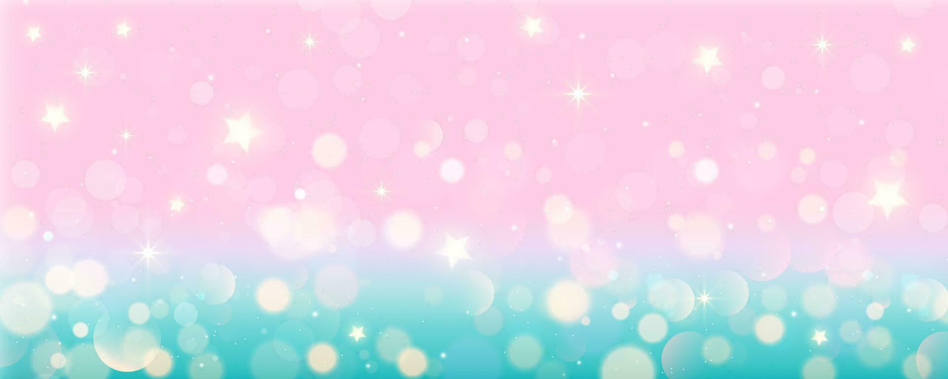 Rosa Einhorn Pastell- Hintergrund mit funkeln Star und Bokeh. Türkis kawaii Magie Himmel. abstrakt Fee Gradient Hintergrund. Vektor Illustration