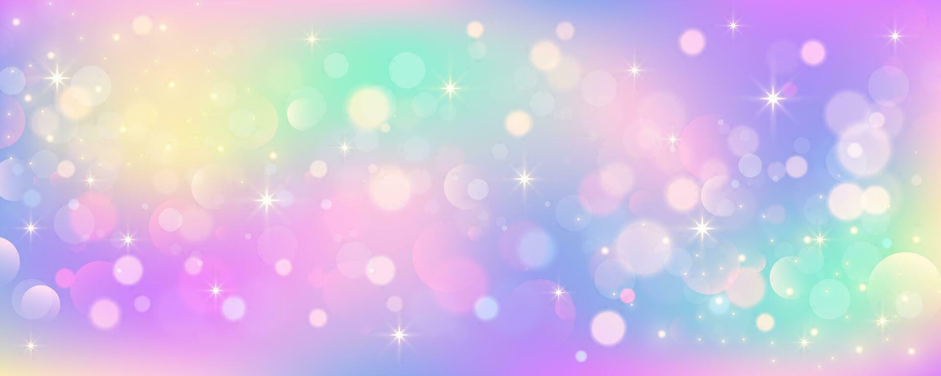 regnbåge enhörning bakgrund. pastell rosa Färg himmel med stjärnor. holografiska fantasi skriva ut med bokeh. vektor tapet för prinsessa flicka design.