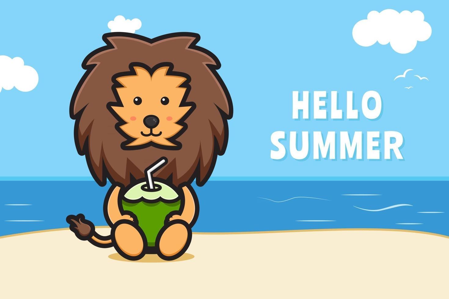 söt lejon håller kokosnöt med en sommarhälsning banner tecknad vektor ikonillustration