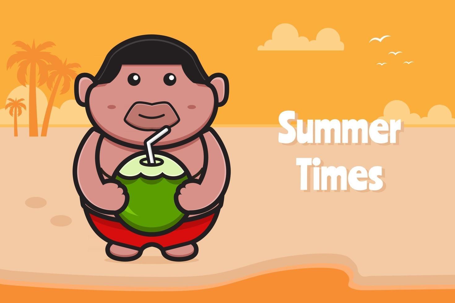 söt fet pojke som håller kokosnöt med en sommarhälsning banner tecknad vektor ikonillustration