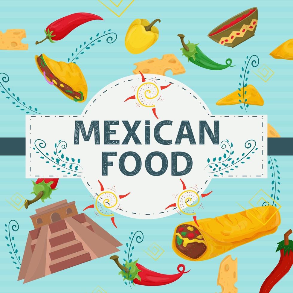 fyrkantig banner etikett platt på temat mexikansk mat stor inskription namn i mitten på bakgrunden är rödgrön het chili peppar pyramid av indianer och sås vektor