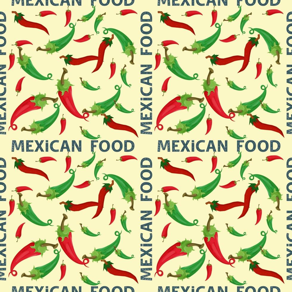 flaches endloses nahtloses Muster zum Thema mexikanisches Essen rote und grüne scharfe Chilischote auf gelbem Hintergrund vektor