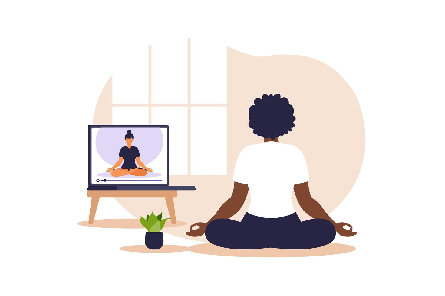 online-koncept för yoga med afrikansk kvinna som gör yogaövning hemma med online-instruktör. hälsa och hälsosam livsstil hemma. kvinna gör yogaövningar. vektor illustration.