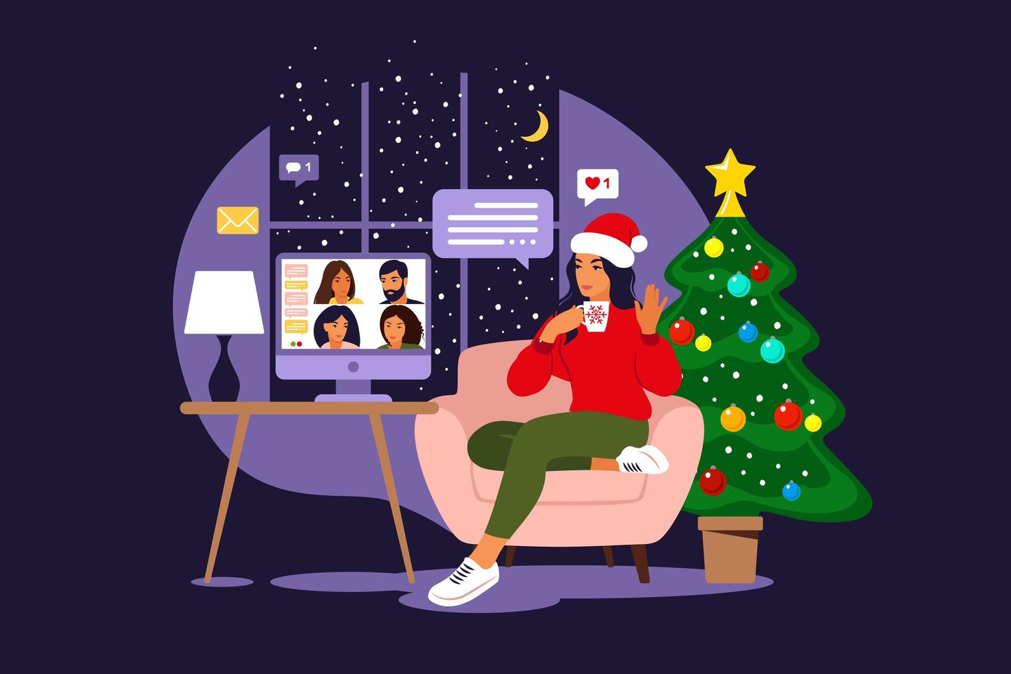 glückliche freunde feiern weihnachten und neues jahr. Online-Party zu Hause. Mädchen in einer Weihnachtsmütze kommuniziert mit Freunden über einen Videoanruf. Vektor. eben. vektor