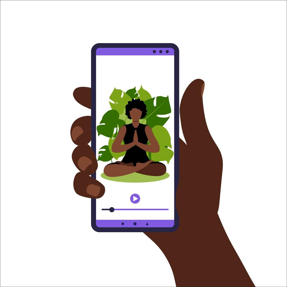 online-koncept för yoga. kvinna som gör yogaövning hemma med afrikansk onlineinstruktör på mobiltelefonen. hälsa och hälsosam livsstil hemma. kvinna gör yogaövningar. vektorillustration i platt. vektor