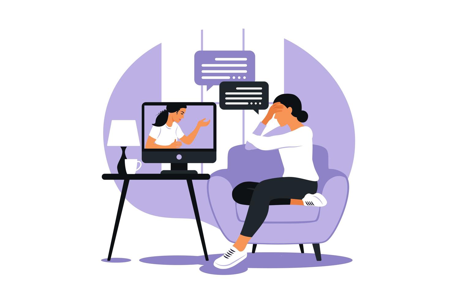 online terapi och rådgivning under stress och depression. ung kvinnas psykoterapeut stöder kvinnor med psykologiska problem. vektor