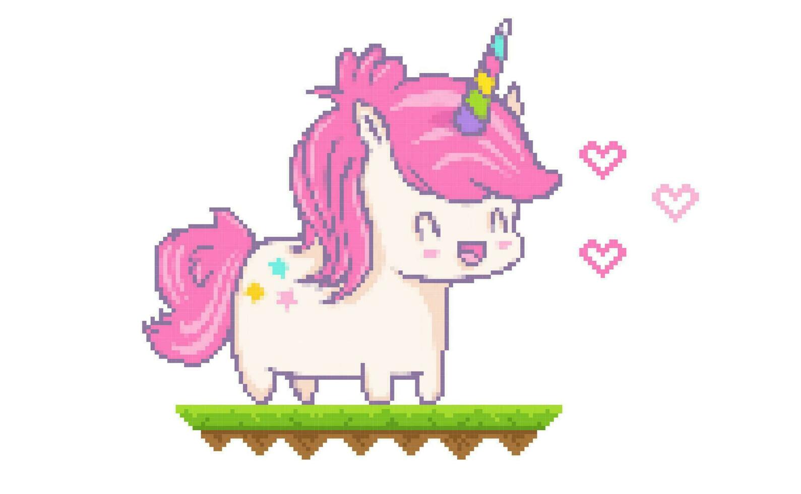 Vektor Illustration von ein kawaii Einhorn mit Herzen im Pixel Kunst Stil.