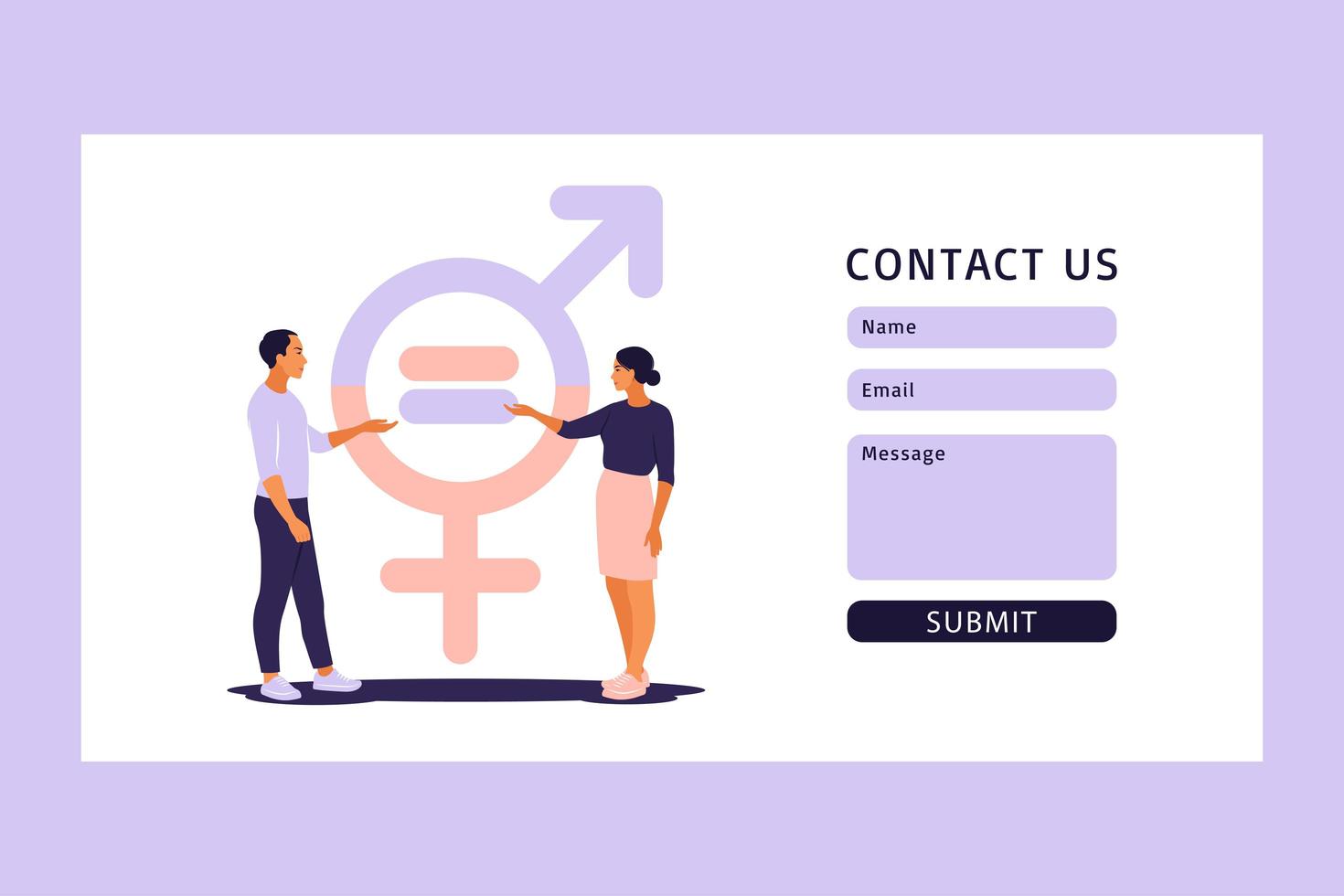 jämställdhetsbegrepp. kontakta oss formulär för webb. män och kvinnor karaktär på vågen för jämställdhet. vektor illustration. platt.