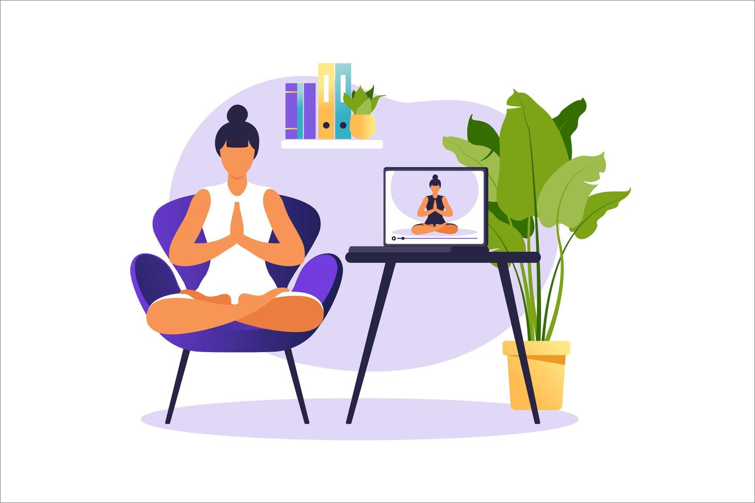 online-koncept för yoga med den friska kvinnan som gör yogaövning hemma med online-instruktören. hälsa och hälsosam livsstil hemma. kvinna gör yogaövningar. vektor illustration.