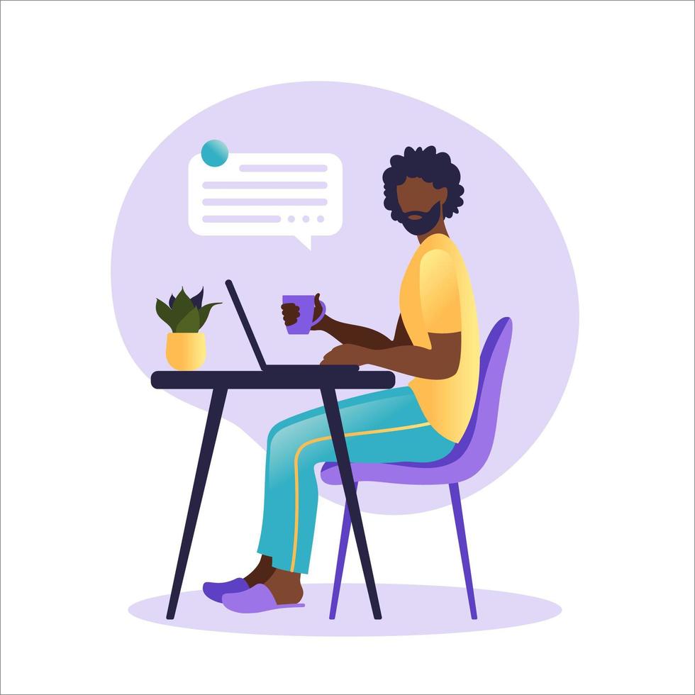 afroamerikansk man sitter bord med laptop. arbetar på en dator. frilans, utbildning online eller sociala medier koncept. frilans- eller studiekoncept. platt stil. vektor illustration.