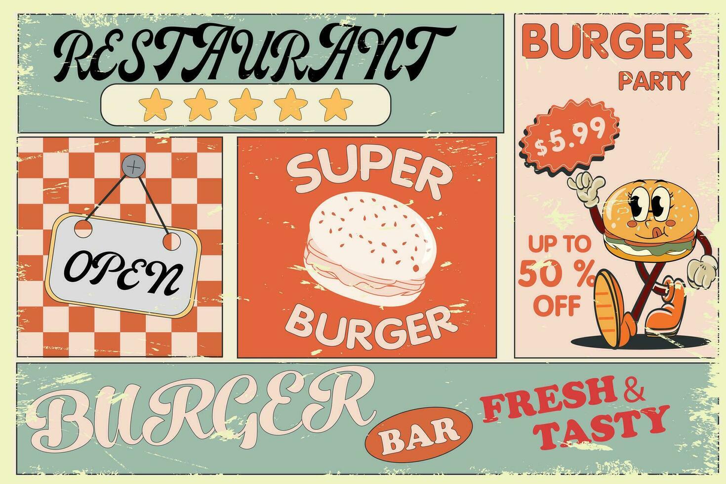 schnell Essen Restaurants und Gäste retro Zeichen Sammlung. Burger Plakate und Vektor Design Elemente. Jahrgang Hamburger Poster oder Werbung. Vektor Illustration