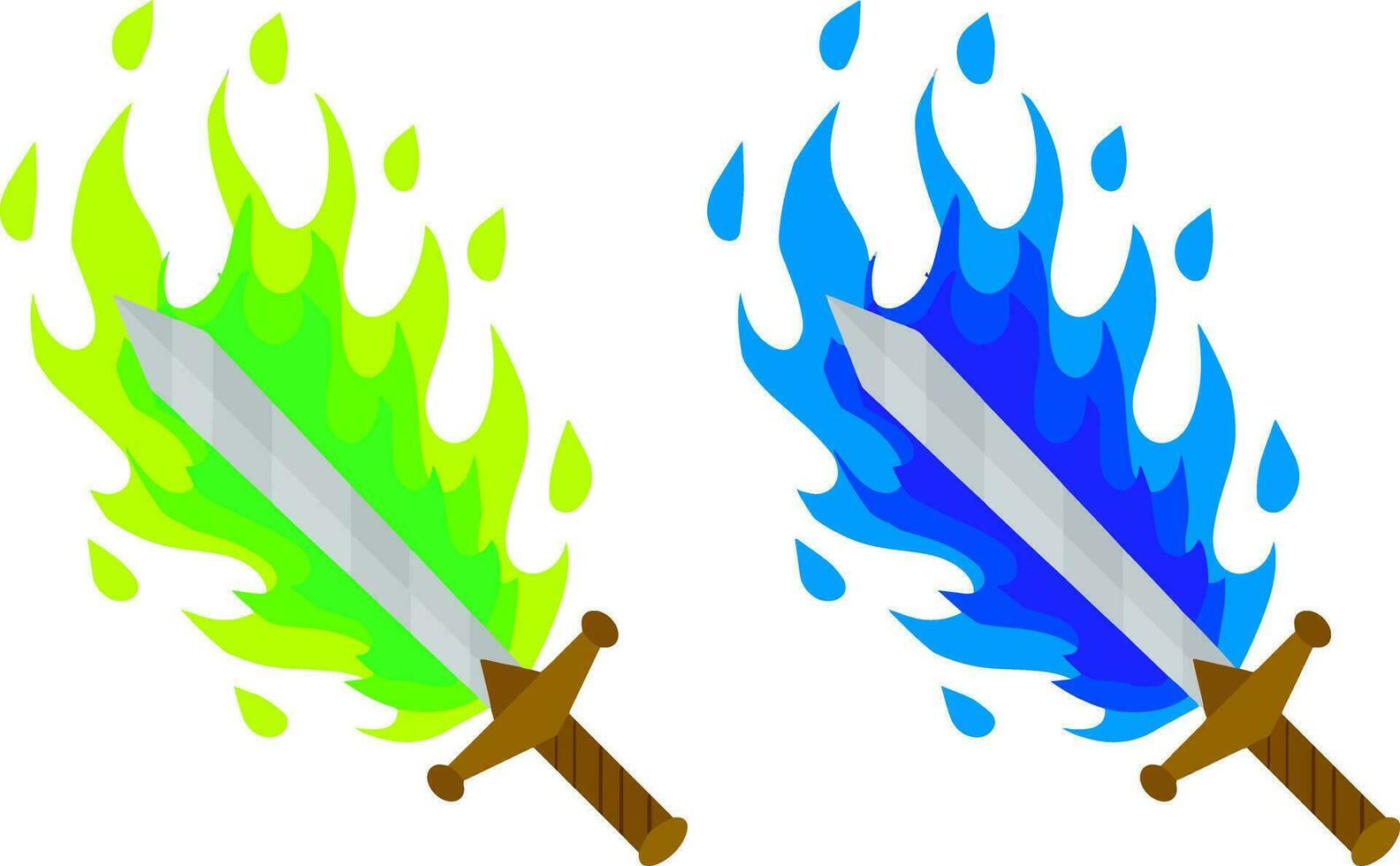 eldig svärd. magi vapen av en riddare, en trollkarl, en trollkarl. grön syra och blå brand stava. de medeltida element av de spel. farlig kall lågor. tecknad serie platt illustration. brinnande blad. vektor
