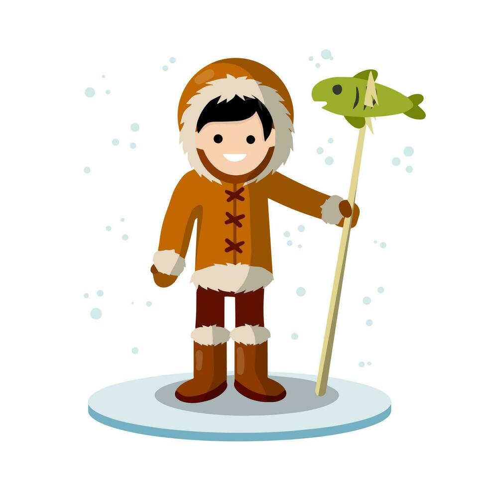 Eskimo und Aleuten Mann. warm Kleidung gemacht von Leder, Stiefel, Handschuh, Harpune zum Jagd und Angeln. Leben im Arktis und Norden. Karikatur eben Illustration vektor