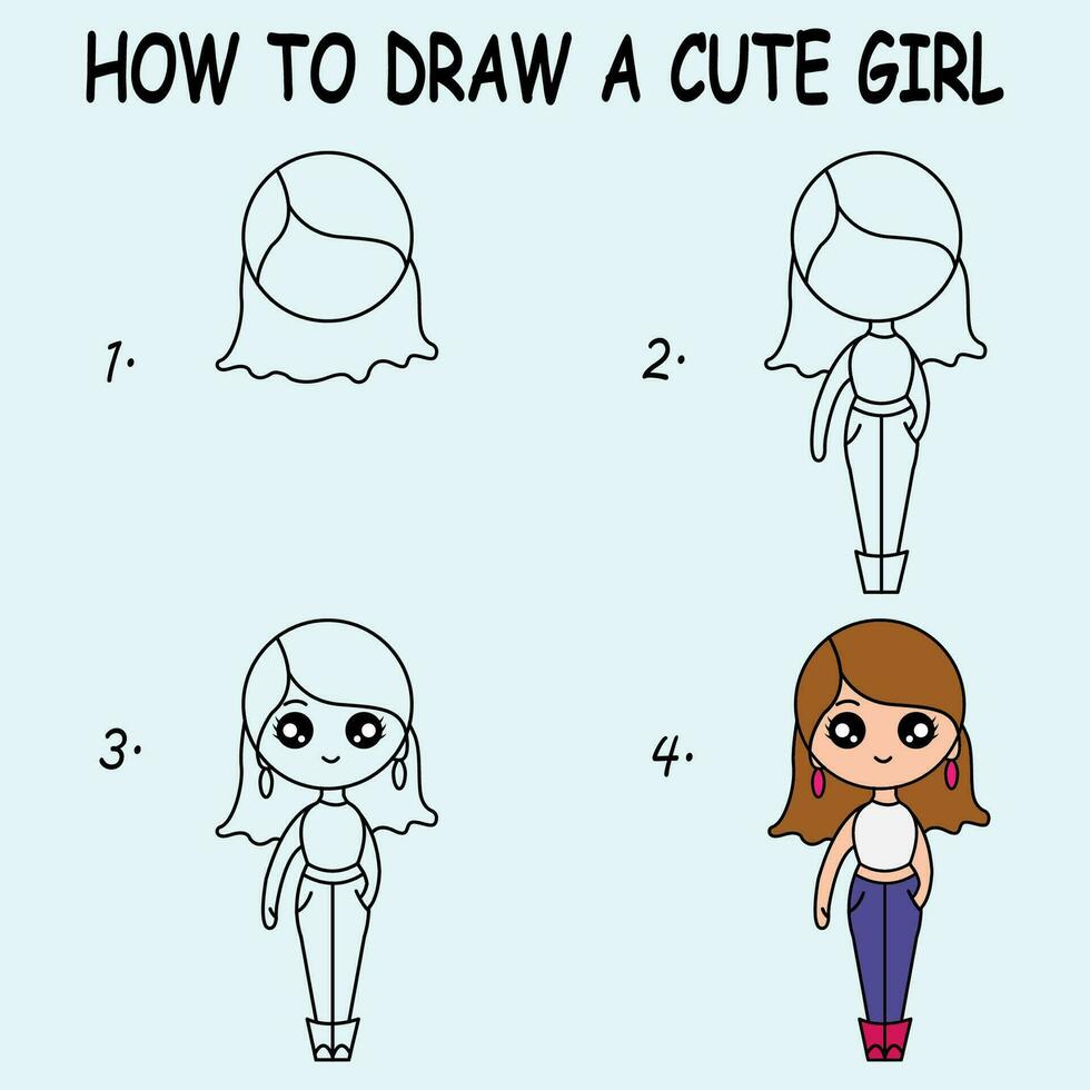 steg förbi steg till dra en söt flicka. teckning handledning en söt flicka. teckning lektion för barn. vektor illustration