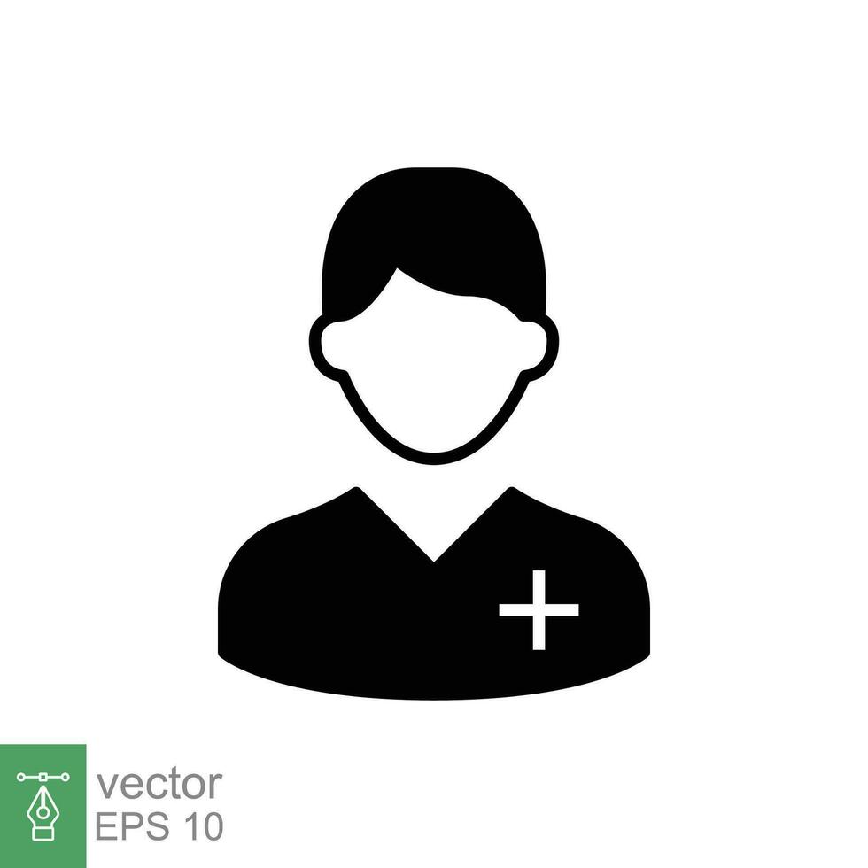 sjuksköterska ikon. enkel fast stil. medicinsk assistent, manlig, man, läkare, läkare, hälsa, medicin, sjukhus begrepp. svart silhuett, glyf symbol. vektor isolerat på vit bakgrund. eps.