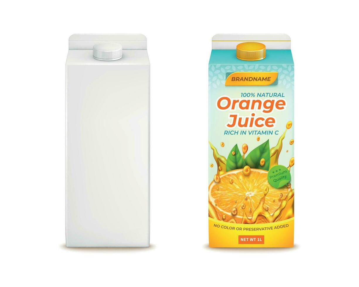 realistisk detaljerad 3d orange juice packa och vit tömma mall uppsättning. vektor