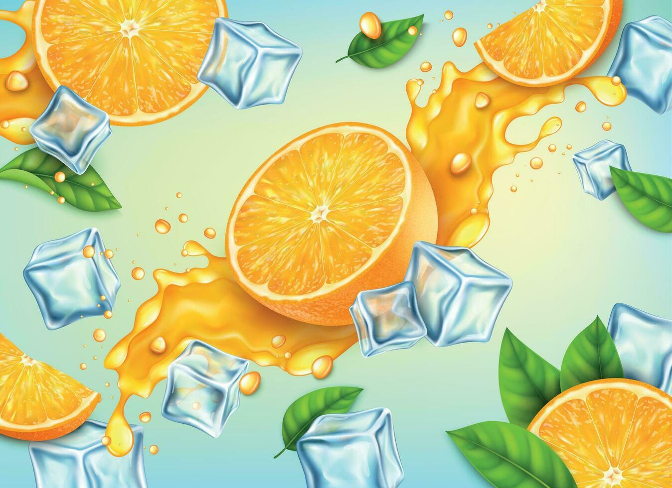 realistisk detaljerad 3d halv färsk orange med stänk juice bakgrund. vektor