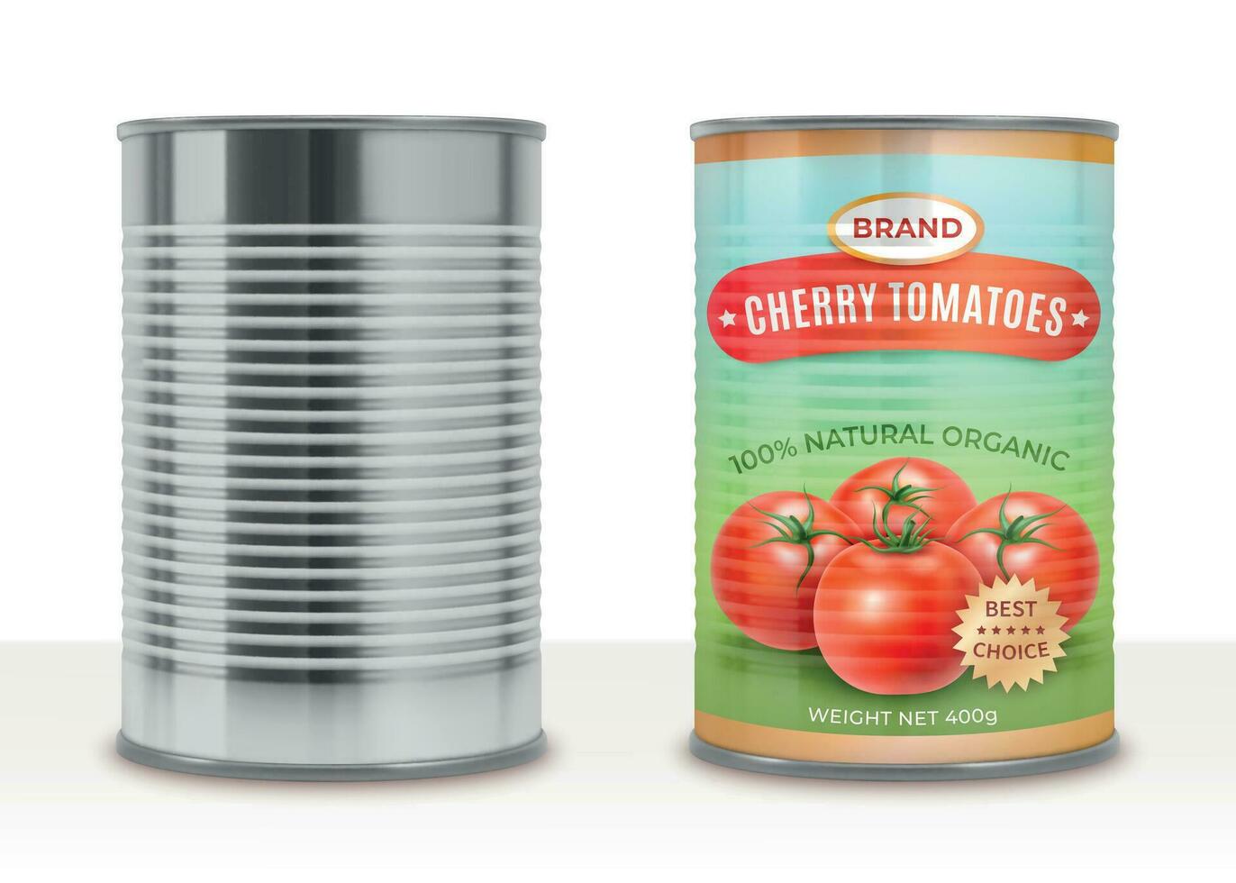 realistisk detaljerad 3d konserverad körsbär tomater tömma kan och märka uppsättning. vektor