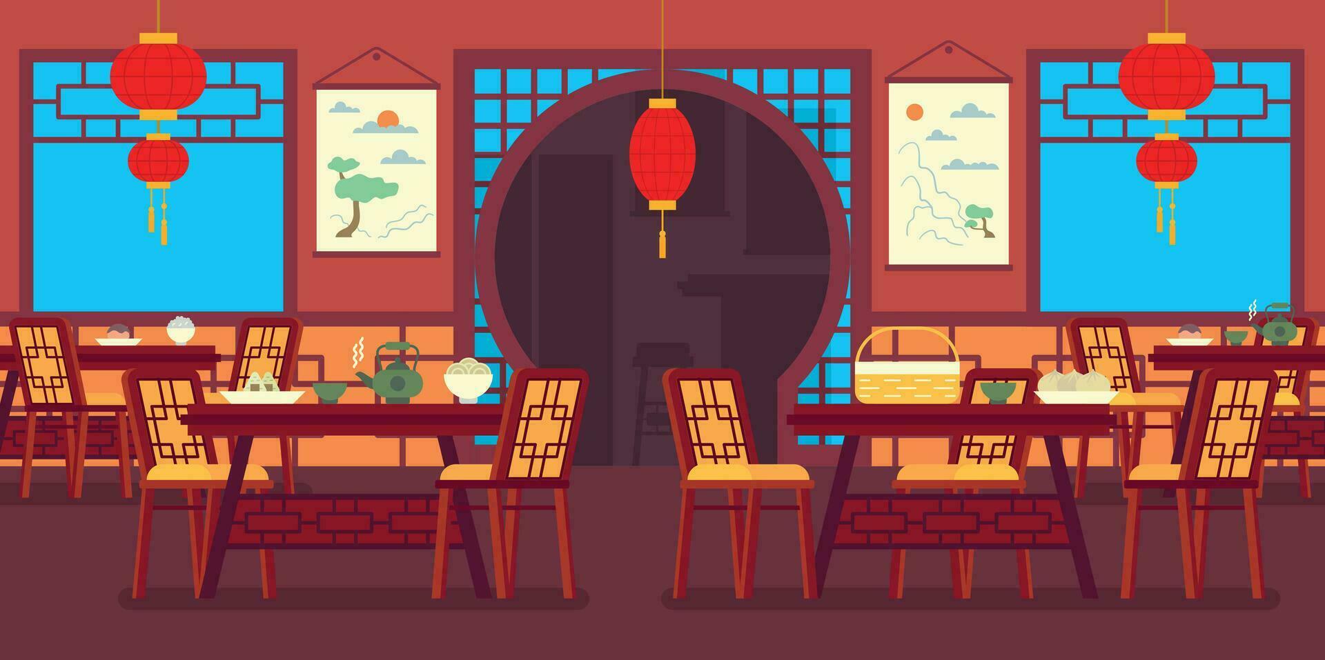 Karikatur Farbe Chinesisch Restaurant traditionell Innere Innerhalb Konzept. Vektor