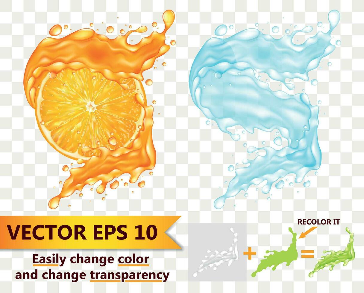 realistisk detaljerad 3d juice och vatten stänk uppsättning. vektor