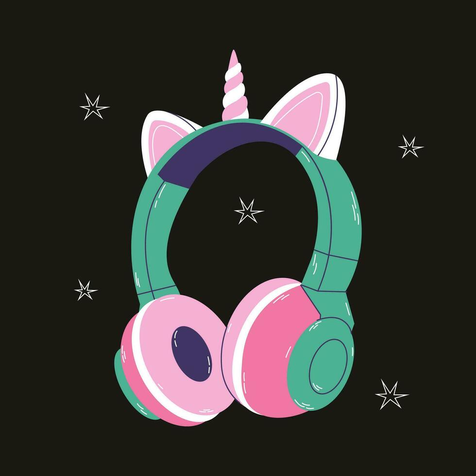 süß Fachmann Spielen Kopfhörer mit Einhorn Ohr zum Mädchen im Karikatur Stil. bunt Grün Rosa Audio- Ausrüstung zum Hören zu Musik. Musik- Gerät Symbol oder drucken. Vektor Lager Illustration.