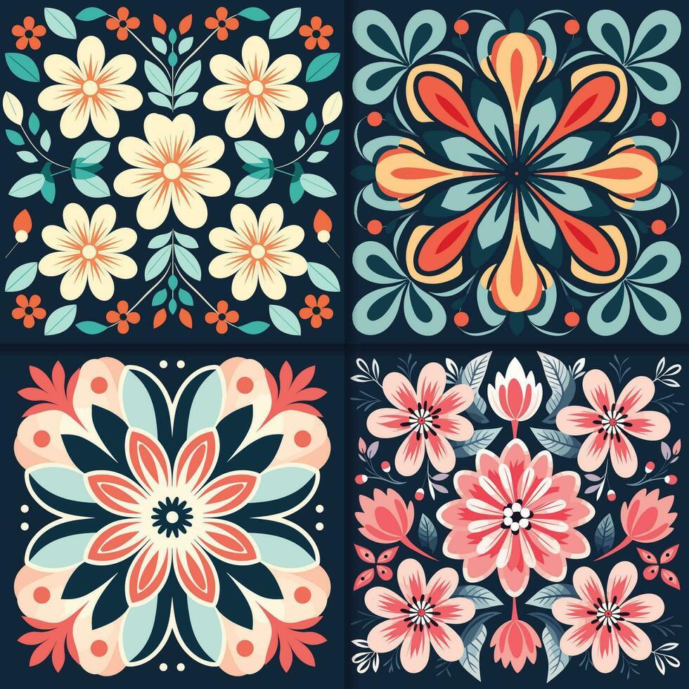 uppsättning av fyra vektor sömlös mönster i retro stil. färgrik blommig och blomma bakgrunder.