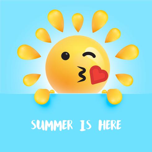 Rolig sol-smiley med titeln &quot;&quot; sommaren är här &quot;, vektor illustration