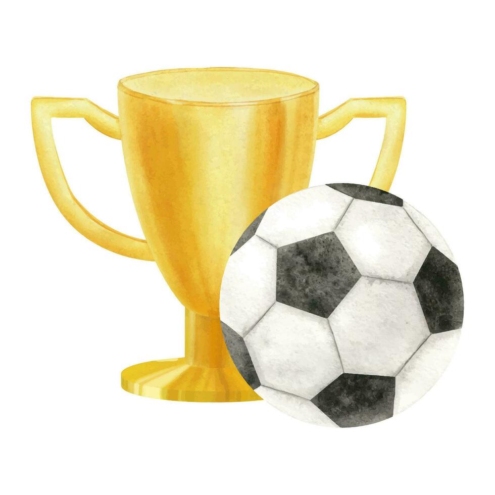 golden Tasse mit Fußball Ball. Fußball passen. Champion golden Trophäe. Preis- Tasse zum Gewinner, zuerst Ort, Sieg. Attribute von Sport Wettbewerbe. Aquarell Illustration. isoliert. vektor