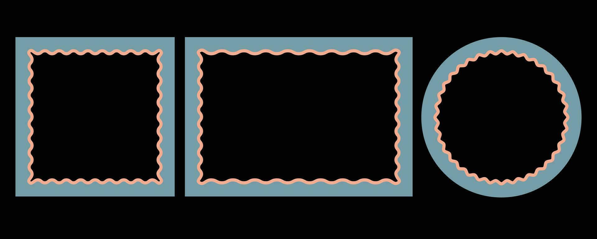 rechteckig, kreisförmig und Platz stilvoll Foto Rahmen mit wellig Grenzen auf schwarz Hintergrund vektor