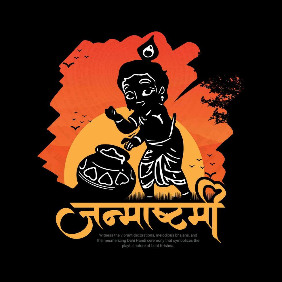 glücklich krishna Janmashtami Feier indisch Festival Sozial Medien Post Banner Poster im Hindi Kalligraphie vektor