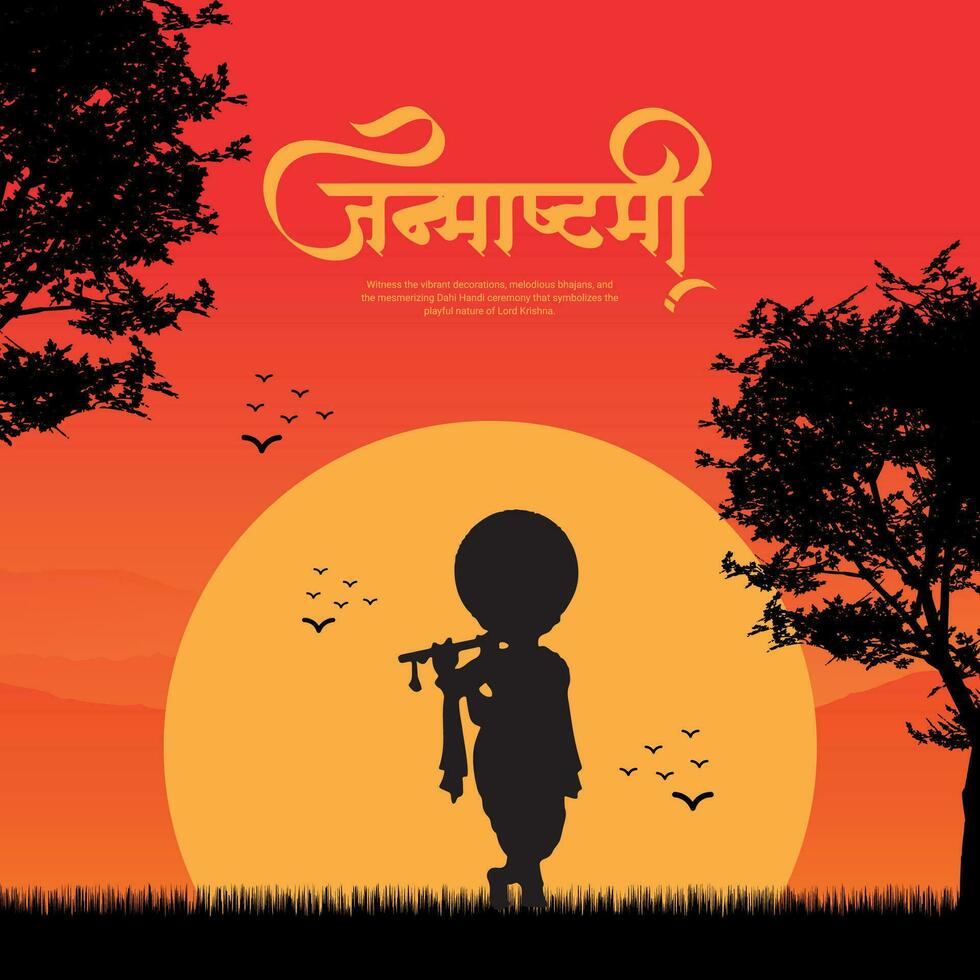Lycklig krishna Janmashtami firande indisk festival social media posta baner affisch i hindi kalligrafi vektor