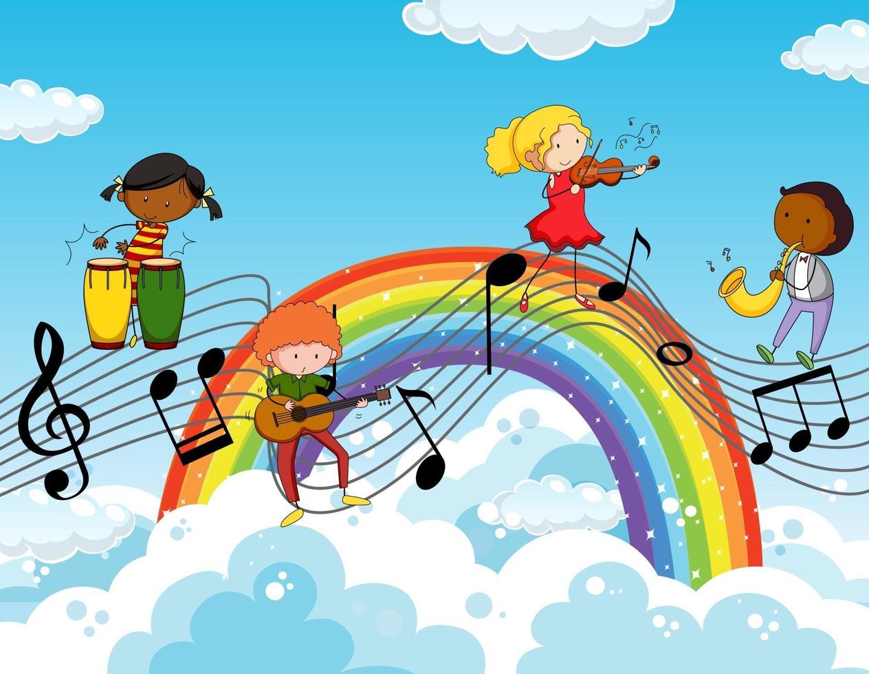 glückliche Kinder mit Musikmelodiensymbolen am Himmel mit Regenbogen vektor