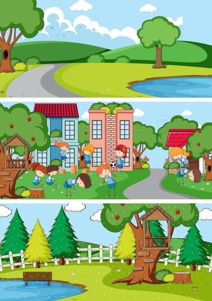 uppsättning olika horisontella scener bakgrund med doodle barn seriefigur vektor