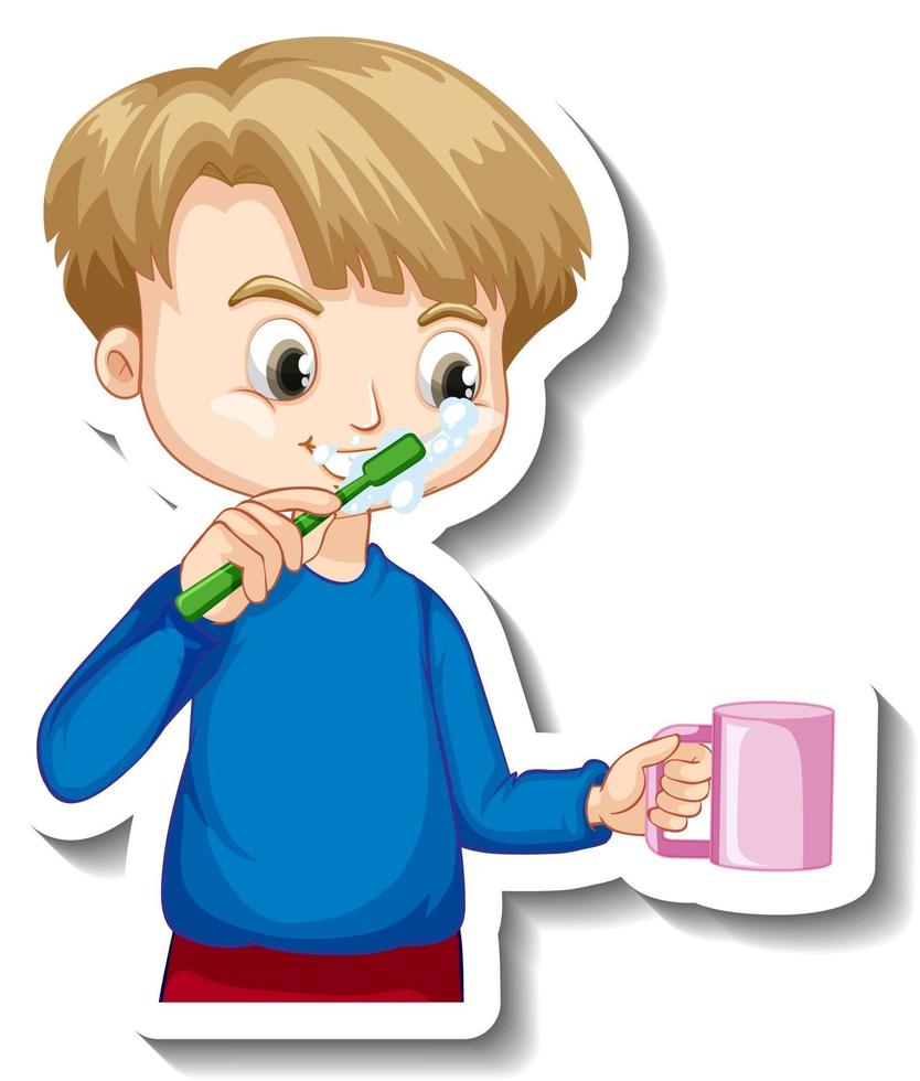 Aufkleberdesign mit einem Jungen, der seinen Zahn Cartoon-Figur putzt vektor