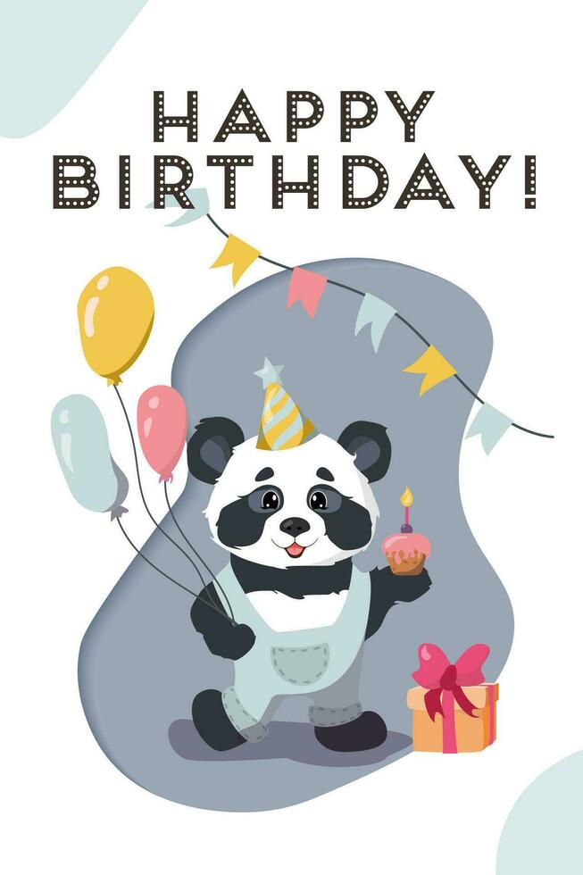 Lycklig födelsedag kort med en rolig panda. unge vykort, affisch, omslag, hälsning kort vektor
