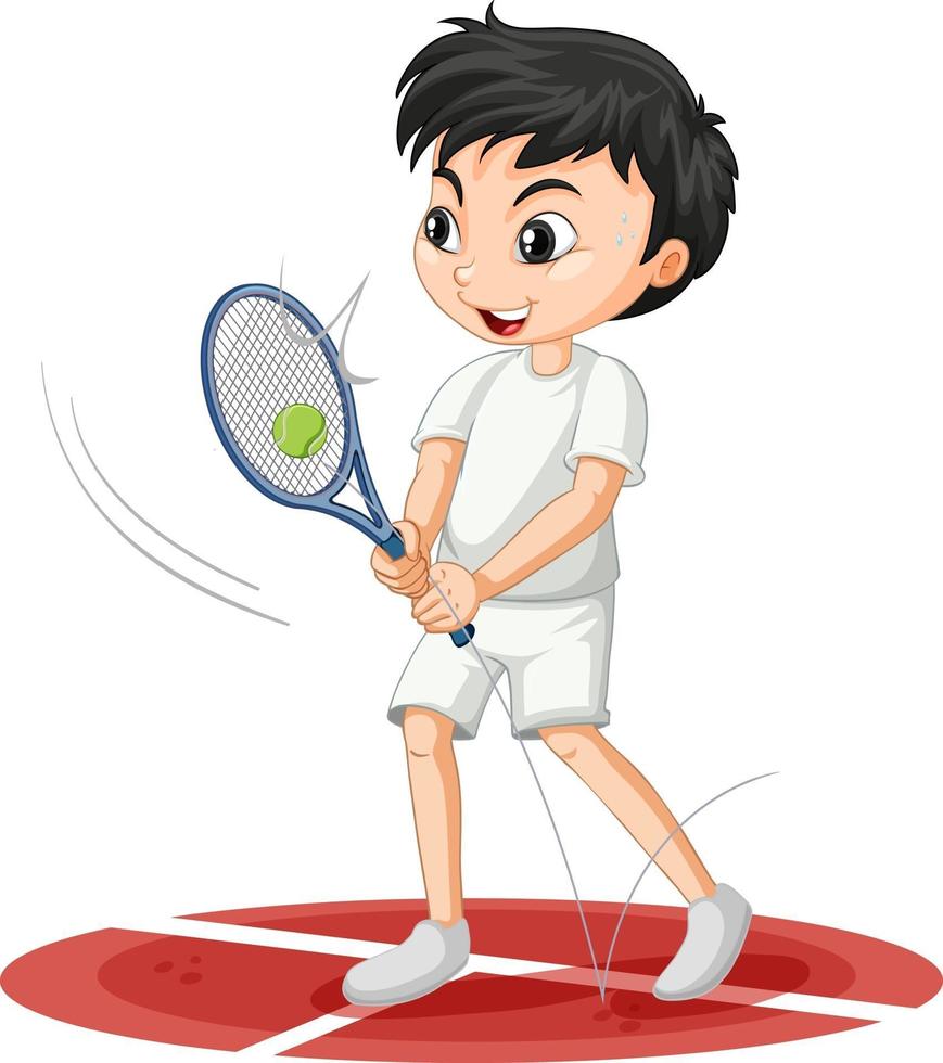 söt pojke spelar tennis seriefiguren isolerade vektor