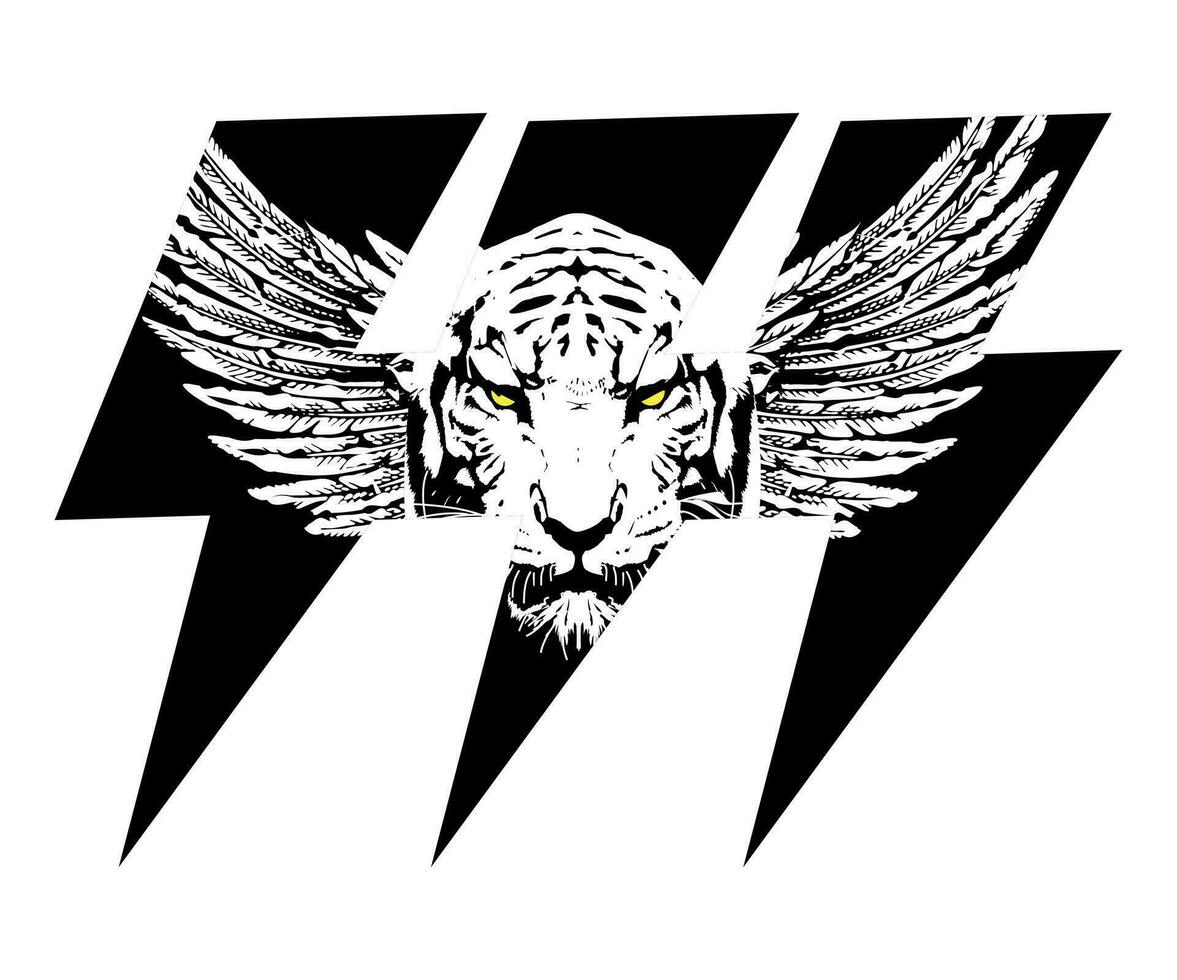 Design zum T-Shirt mit ein Tiger Gesicht mit Flügel Nächster zu drei Symbole von Donner. Fantastisch Illustration zum Felsen Musik. vektor