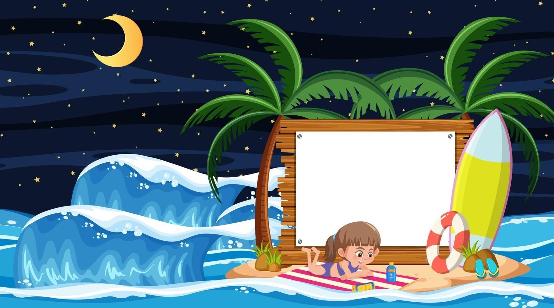 Kinder im Urlaub an der Strandnachtszene mit einer leeren Bannerschablone vektor