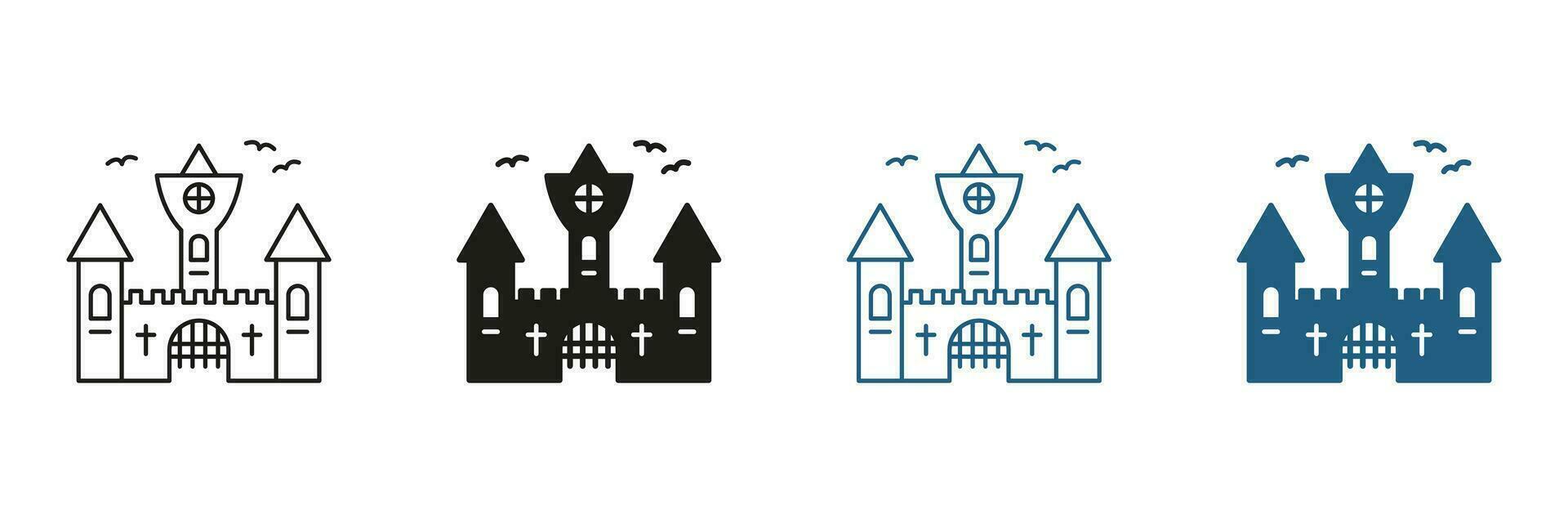 gotisch gespenstisch Schloss Piktogramm schwarz und Farbe Satz. Vampir Dracula unheimlich Schloss Linie und Silhouette Symbole. dunkel alt Schloss zum Halloween Feier Symbole. isoliert Vektor Illustration.