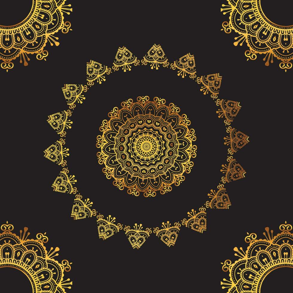 Luxus Zier Mandala Design Hintergrund im Gold, Luxus Hochzeit Einladung, Zier Blumen- Ecke rahmen, schwarz Hintergrund mit Gold Mandala Dekoration vektor