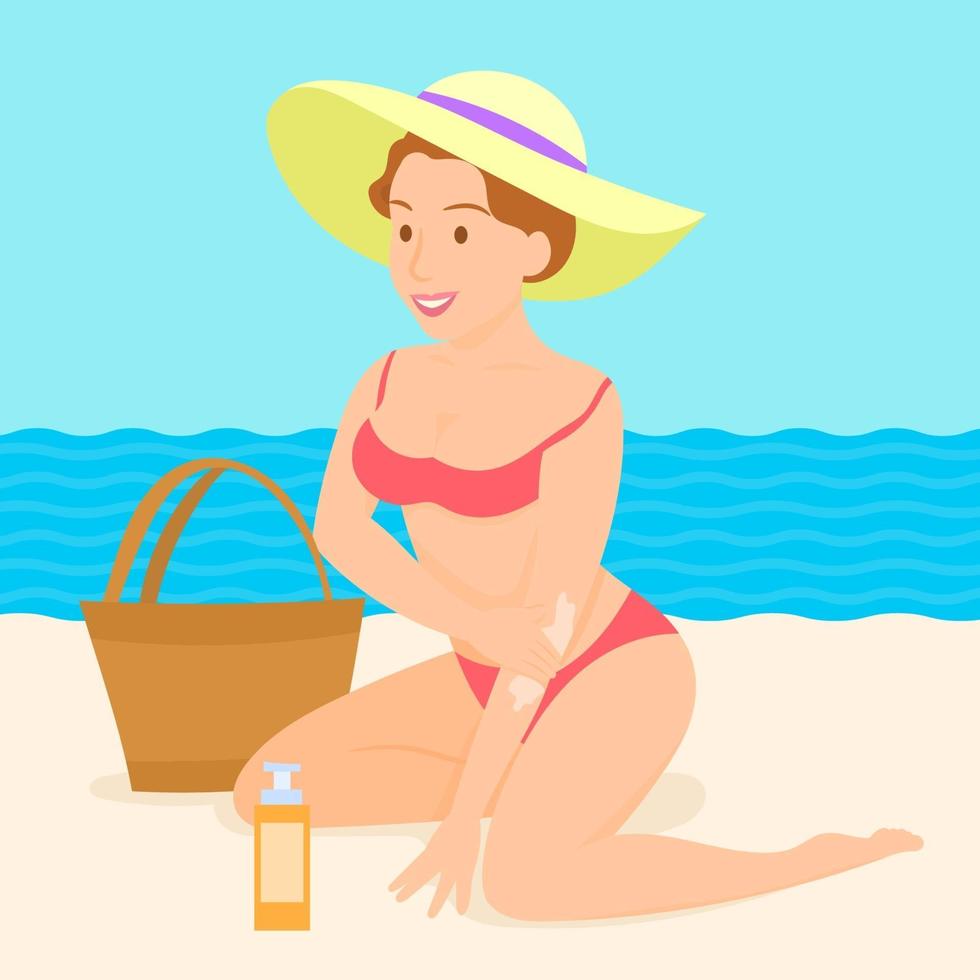 kvinna på stranden som applicerar solskyddsmedel vektor