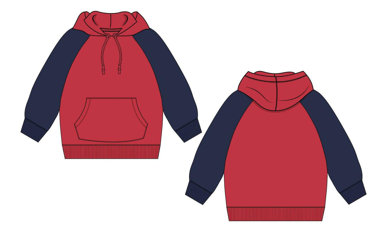 Langarm-Hoodie mit Reißverschluss technische Modezeichnung Skizzenvorlage Vorder- und Rückansicht. Kleidung Kleid Design Vektor-Illustration Mock-up vektor