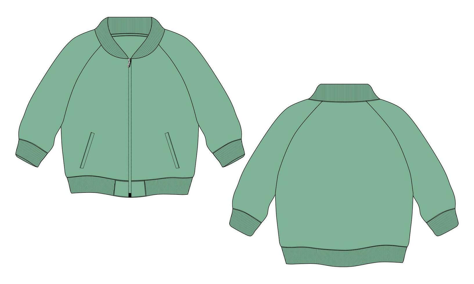 Langarmjacke mit Tasche und Reißverschluss Technische Mode flache Skizzenvektorillustrationsvorlage Vorder- und Rückansichten. Sweatshirtjacke aus Fleece-Jersey für Herren und Jungen. vektor