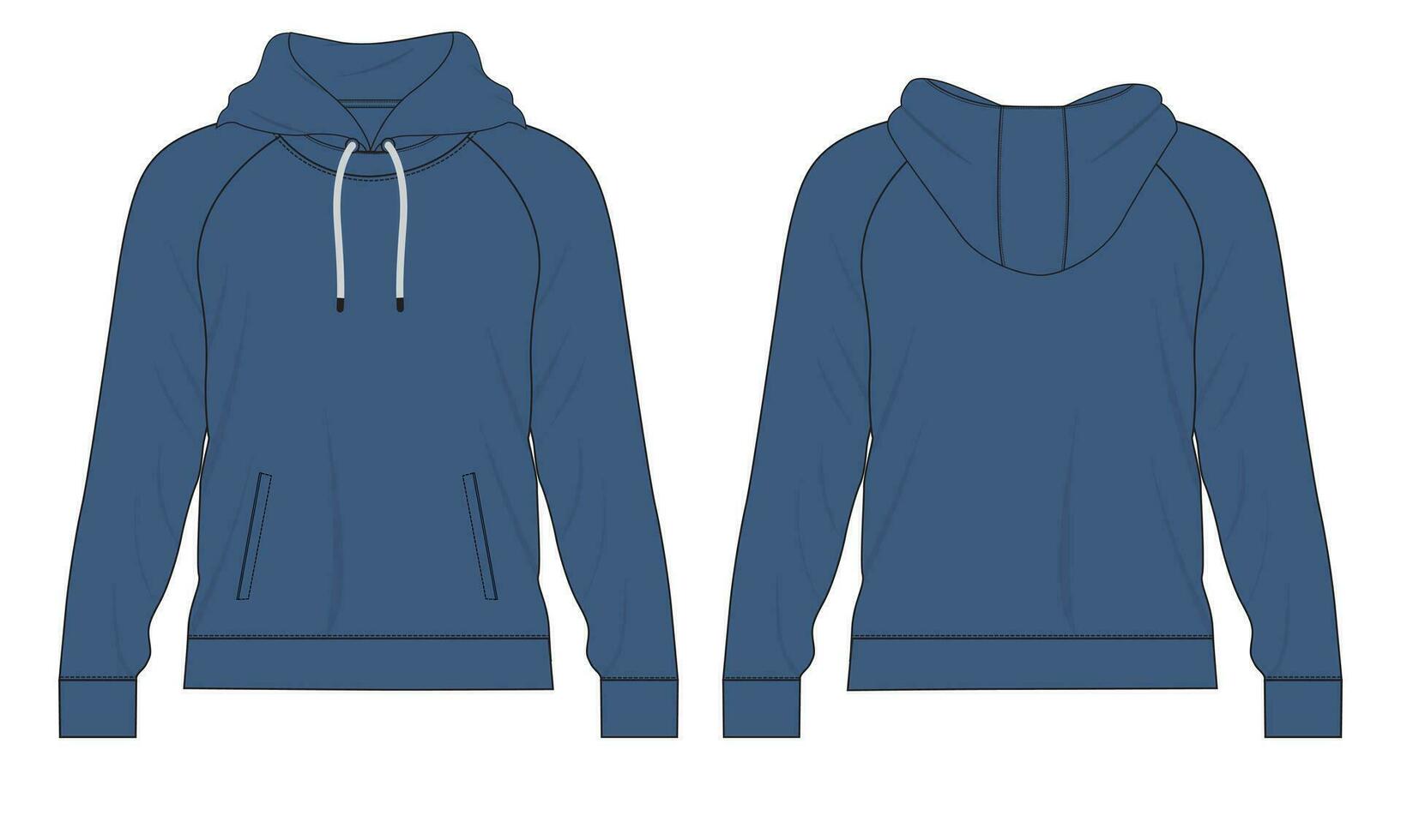 Kapuzenpullover technisch Mode eben skizzieren Vektor Vorlage. Baumwolle Vlies Stoff bekleidung mit Kapuze Sweatshirt Illustration spotten oben Vorderseite, zurück Ansichten.