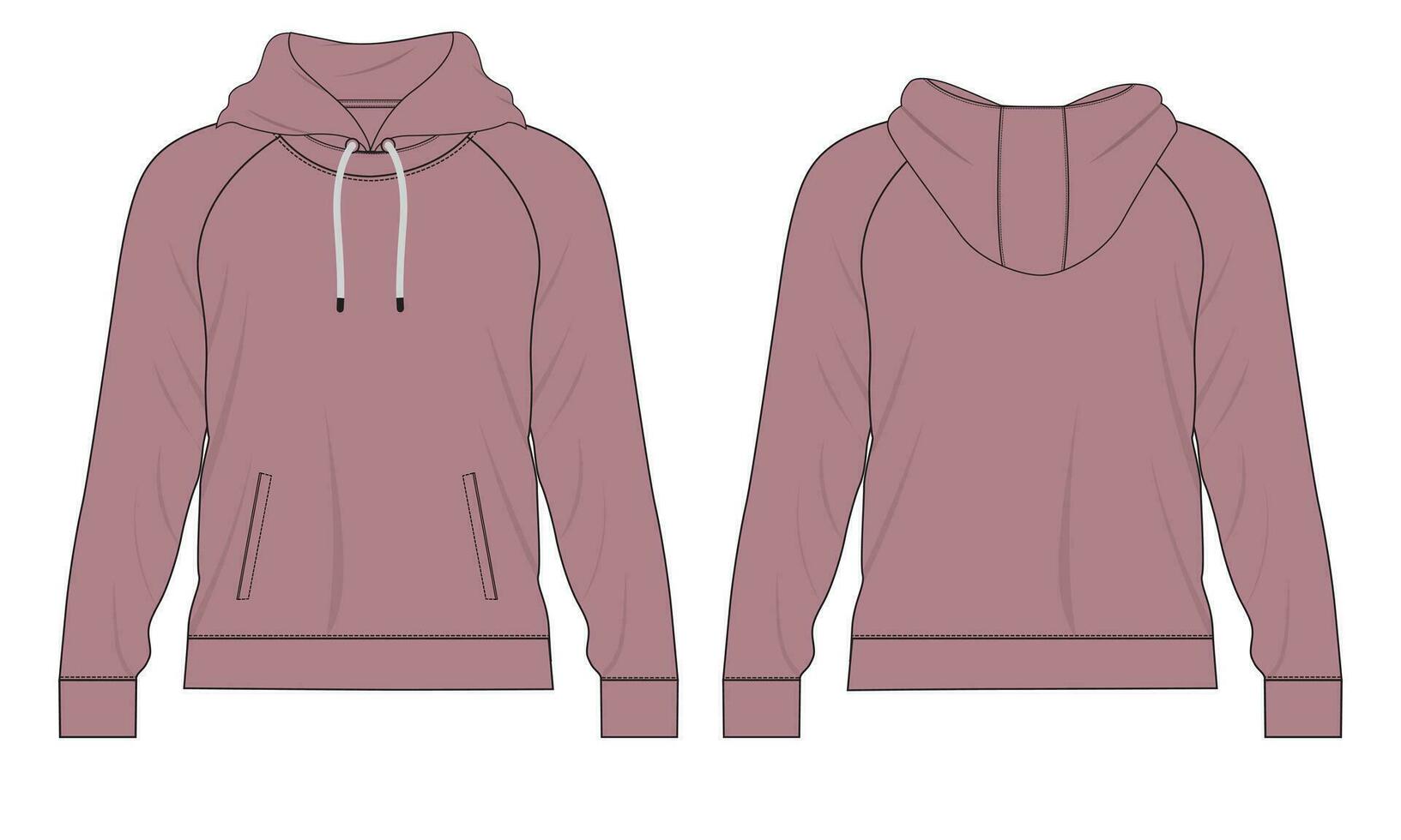 Kapuzenpullover technisch Mode eben skizzieren Vektor Vorlage. Baumwolle Vlies Stoff bekleidung mit Kapuze Sweatshirt Illustration spotten oben Vorderseite, zurück Ansichten.