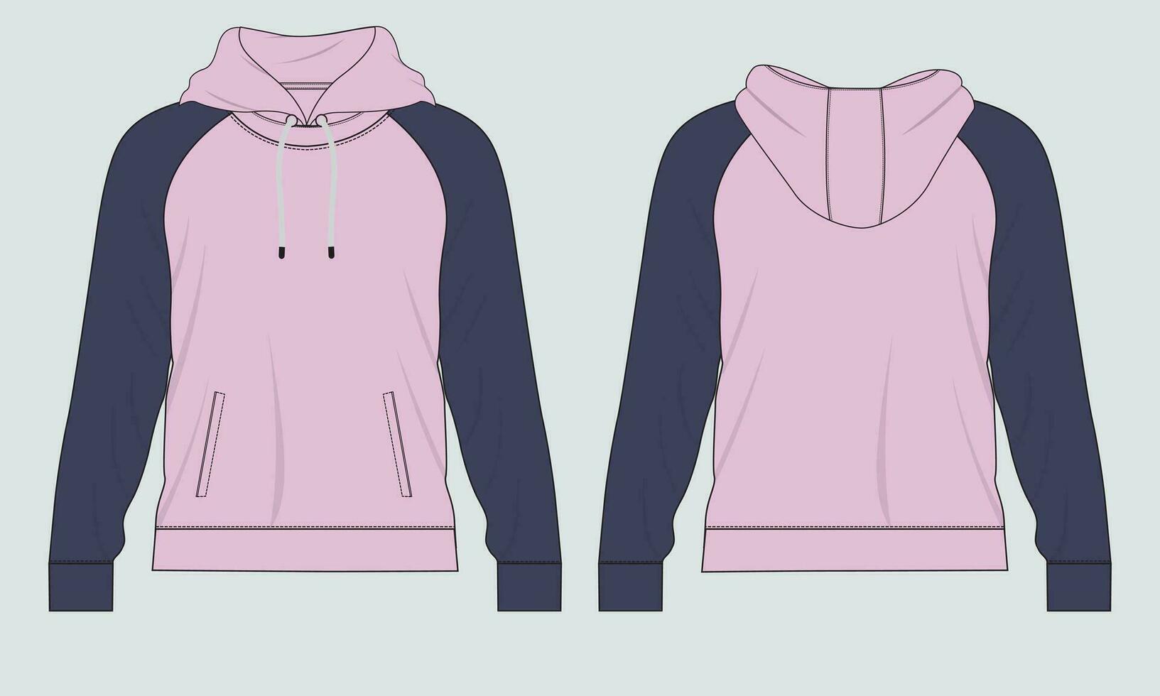 Kapuzenpullover technisch Mode eben skizzieren Vektor Vorlage. Baumwolle Vlies Stoff bekleidung mit Kapuze Sweatshirt Illustration spotten oben Vorderseite, zurück Ansichten.